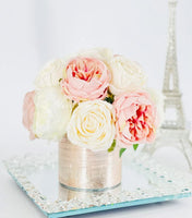 White & Blush Rose and Peonies Arrangement, Artificial Faux Centerpiece, Floral Flowers in Rose Gold Vase Home Decor Blue Paris