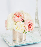 White & Blush Rose and Peonies Arrangement, Artificial Faux Centerpiece, Floral Flowers in Rose Gold Vase Home Decor Blue Paris