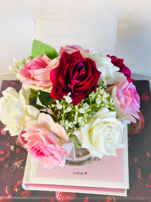 Faux Pink Rose Arrangement in Vase, Floral Decor Centerpiece, Artificial Flowers, Real Touch Roses