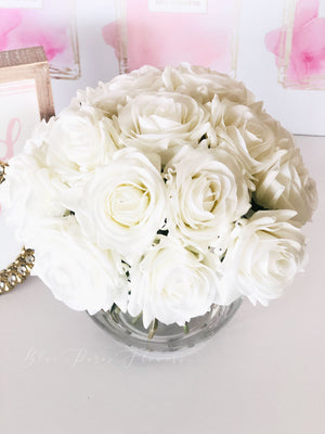 Real Touch White Roses Arrangement in Vase, French Country Artificial Flowers, Faux Floral Home Decor