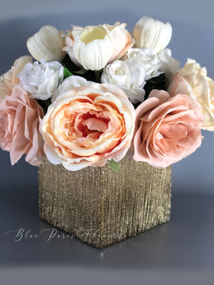 Ashley Dusty Rose, White Tulips Faux Flower Arrangement, Floral Home Decor | Silk Artificial Centerpiece in Gold Vase