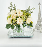 25 Cream and Green Rose Arrangement Artificial Faux Centerpiece, Floral Decor Silk Flower Arrangement, Faux Decoration Flowers in Glass Vase