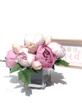 Pink Peony Arrangement, Artificial Faux Centerpiece, Natural Touch Flowers in Glass Vase Home Decor