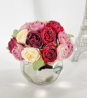 Pink, Red, Blush Pink Rose Arrangement Artificial Faux Centerpiece, Floral Decor, Silk Flower Arrangement, Faux Flowers in Silver vase