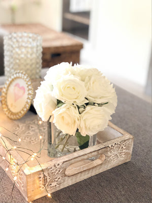 White Real Touch Roses Arrangement, Artificial Faux Centerpiece, Natural touch Flowers in Glass Vase