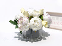 White Peony Arrangement, Artificial Faux Centerpiece, Natural Touch Flowers in Glass Vase Home Decor