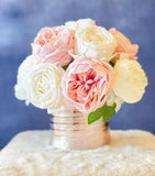 White & Blush Rose and Peonies Arrangement, Artificial Faux Centerpiece, Floral Flowers in Rose Gold Vase Home Decor Blue Paris
