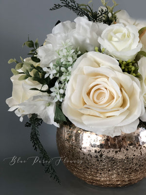 White Roses Faux Flower Arrangement, Floral Home Decor | Silk Artificial Centerpiece in Gold Vase