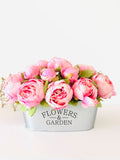 Pink Peonies Floral Arrangement, Artificial Faux Centerpiece, Flower in Metal Vase, French Country Home Decor