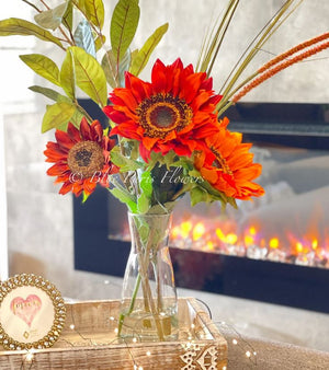 Mix Faux Flower Arrangement, Sunflowers and Greens in Vase, Floral Decor Silk Flower Centerpiece, Faux Artificial Flowers Silk Arrangement