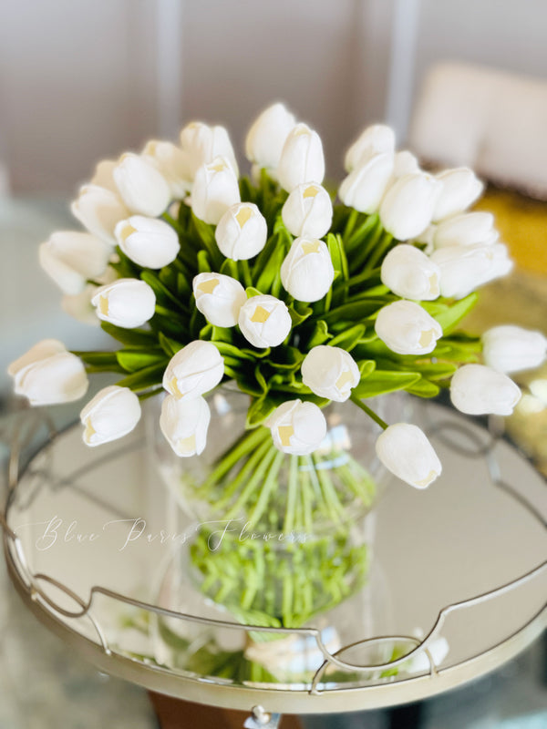 X-Large 60 White Tulips | Modern Faux Floral Arrangement | Real Touch Artificial Faux Forever Flowers in Glass Vase, Faux Flowers in Vase