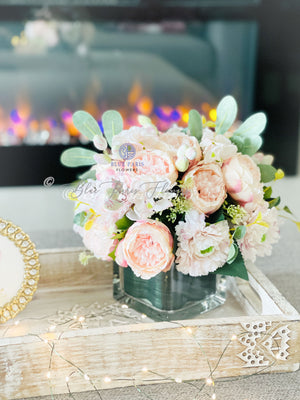 Blush Pink, Lavender White Peony Ranunculus Floral Arrangement, Artificial Faux Centerpiece, Silk Flowers French Country Decor