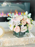 Blush Pink, Lavender White Peony Ranunculus Floral Arrangement, Artificial Faux Centerpiece, Silk Flowers French Country Decor