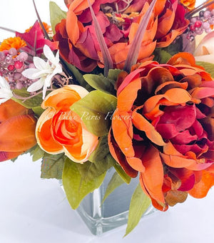 Fall or Thanksgiving Arrangement, Brown Peonies in Vase, Floral Decor Centerpiece, Faux Florals Artificial Flowers Silk Floral Decor
