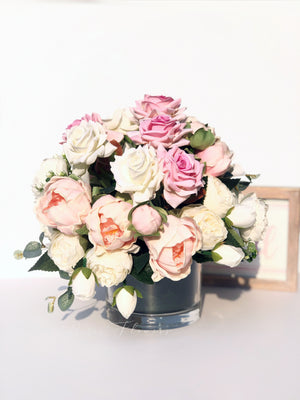 Pink Peonies, Roses Faux Flower Arrangement, Floral Home Decor and Centerpiece in Vase