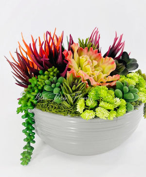 Succulents in Gray Modern Vase, Faux Artificial Greens Succulents Plants Table Centerpiece Floral Decor Centerpiece, Faux Florals Blue Paris