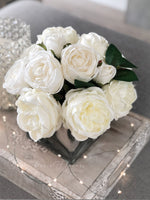 White Austin Roses Faux Flower Arrangement, Floral Home Decor | Silk Artificial Centerpiece in Mirror Vase