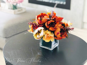 Thanksgiving Arrangement, Peonies Ranunculus in Vase, Floral Decor Centerpiece, Artificial Flowers Silk Floral Arrangement