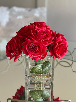Red Real Touch Roses Arrangement, Artificial Faux Centerpiece, Natural Touch Flowers in Glass Vase Home Decor, Floral Arrangement Blue Paris