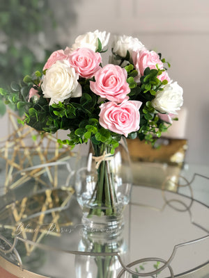 Real Touch White and Pink Rose | Greenery Artificial Faux Arrangement, Floral Centerpiece, Home Decor