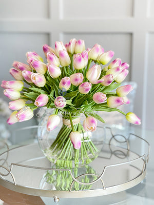 X-Large 60 Mauve Tulips | Modern Faux Floral Arrangement | Real Touch Artificial Centerpiece Faux Flowers in Glass Vase Faux Flowers in Vase