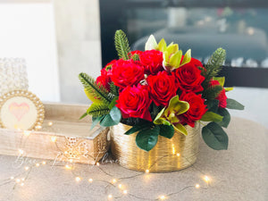 Christmas Real Touch Red Roses Arrangement-Gold Vase- Floral Decor Centerpiece- Artificial Flowers Silk Arrangement-Fake Flowers Home Decor