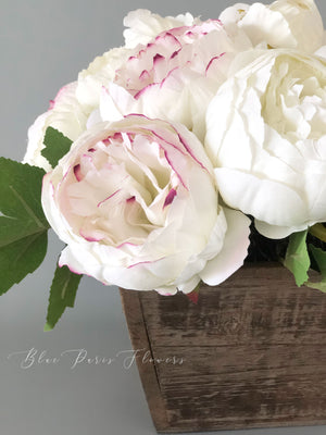 Marsala Tipped White Ivory Peony Arrangement, Artificial Faux Centerpiece