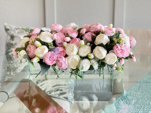 Modern Long White and Pink Rose Peony Arrangement, Artificial Faux Centerpiece Floral Flower Arrangement, Silk Flowers Glass Vase Home Decor