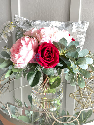 Pink Peonies, Red Roses, Artificial Faux Floral Arrangement Table Centerpiece Decor, Flower Arrangement Silk Florals, Real Touch Peony