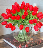 X-Large 60 Red Tulips | Modern Faux Floral Arrangement | Real Touch Artificial Faux Forever Flowers in Glass Vase, Faux Flowers in Vase
