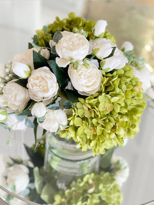 White Peony Rose Green Hydrangeas Arrangement Artificial Faux Forever Flowers in Glass Vase for Home Decor by Blue Paris Flowers