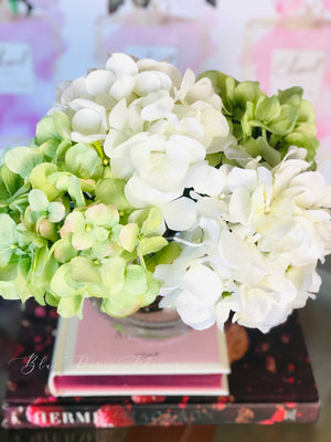 White Green Hydrangea in Vase, Artificial Faux Flower Arrangement, Silk Flower Centerpiece, Home Decor