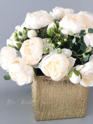 White Rose Peony Arrangement, Artificial Faux Centerpiece
