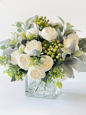 Large White Rose Peony, Berries with Greenery Arrangement, Artificial Faux Centerpiece, French Silk Floral Flowers Glass Vase for Home Decor