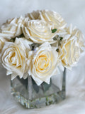 Cream Real Touch Roses Arrangement Artificial Faux Centerpiece Natural Touch Flowers in Glass Vase Home Decor, Floral Arrangement Blue Paris
