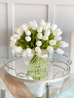 X-Large 60 White Tulips | Modern Faux Floral Arrangement | Real Touch Artificial Faux Forever Flowers in Glass Vase, Faux Flowers in Vase