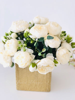 White Rose Peony Arrangement, Artificial Faux Centerpiece