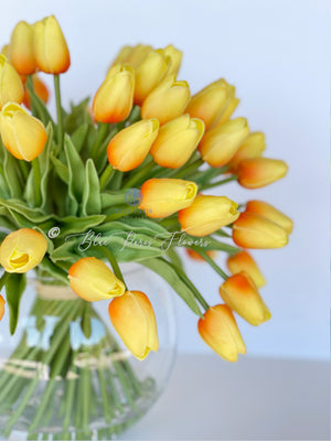 X-Large 60 Yellow Tulips | Modern Faux Floral Arrangement Real Touch Artificial Centerpiece Faux Flowers in Glass Vase Faux Flowers in Vase