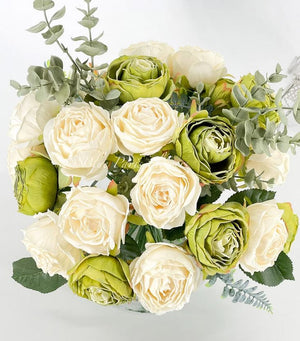 25 Cream and Green Rose Arrangement Artificial Faux Centerpiece, Floral Decor Silk Flower Arrangement, Faux Decoration Flowers in Glass Vase