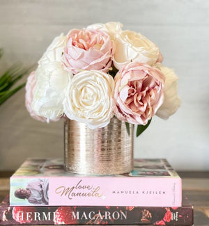 White & Blush Rose and Peonies Arrangement, Artificial Faux Centerpiece, Floral Flowers in Rose Gold Vase Home Decor Blue Paris