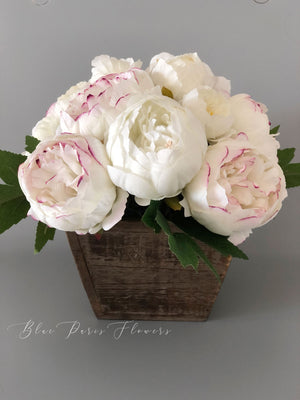 Marsala Tipped White Ivory Peony Arrangement, Artificial Faux Centerpiece