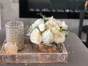 White Roses Faux Flower Arrangement, Floral Home Decor | Silk Artificial Centerpiece in Gold Vase
