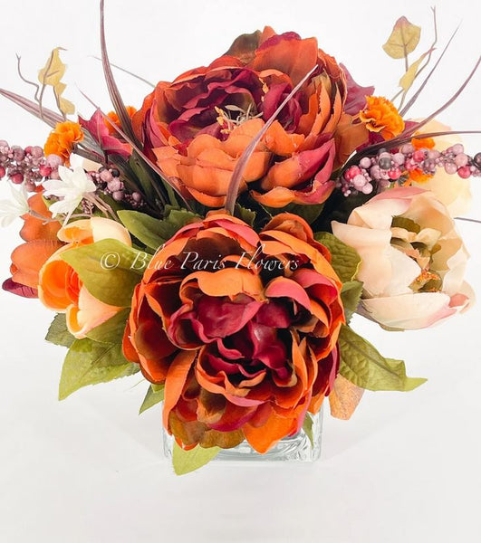 Fall or Thanksgiving Arrangement, Orange, Brown Roses in Gold Vase, Floral  Decor Centerpiece, Faux Florals Artificial Flowers Silk Decor