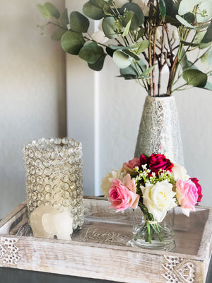 Faux Pink Rose Arrangement in Vase, Floral Decor Centerpiece, Artificial Flowers, Real Touch Roses