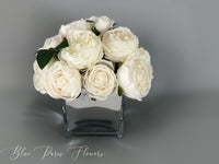 White Austin Roses Faux Flower Arrangement, Floral Home Decor | Silk Artificial Centerpiece in Mirror Vase