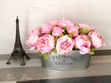 Pink Peonies Floral Arrangement, Artificial Faux Centerpiece, Flower in Metal Vase, French Country Home Decor