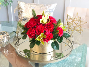 Christmas Real Touch Red Roses Arrangement-Gold Vase- Floral Decor Centerpiece- Artificial Flowers Silk Arrangement-Fake Flowers Home Decor