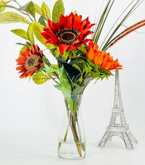 Mix Faux Flower Arrangement, Sunflowers and Greens in Vase, Floral Decor Silk Flower Centerpiece, Faux Artificial Flowers Silk Arrangement