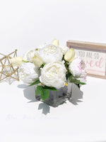 White Peony Arrangement, Artificial Faux Centerpiece, Natural Touch Flowers in Glass Vase Home Decor