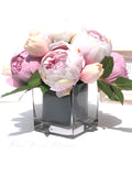 Pink Peony Arrangement, Artificial Faux Centerpiece, Natural Touch Flowers in Glass Vase Home Decor